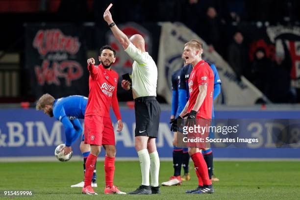 Cristian Cuevas of FC Twente receives a red card from referee Siemen Mulder during the Dutch Eredivisie match between Fc Twente v AZ Alkmaar at the...