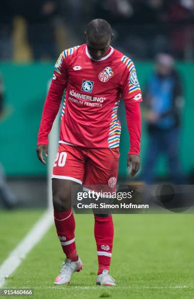 Anthony Ujah of Mainz reacts during the DFB Cup quarter final match between Eintracht Frankfurt and 1. FSV Mainz 05 at Commerzbank-Arena on February...