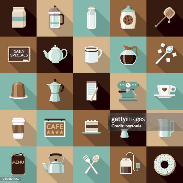 ilustraciones, imágenes clip art, dibujos animados e iconos de stock de diseño plano café & té conjunto de iconos con sombra lateral - espuma de leche
