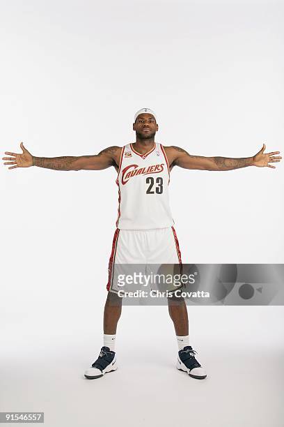 LeBron James of the Cleveland Cavaliers poses for a portrait during 2009 NBA Media Day on October 3, 2009 at the Cleveland Clinic Courts in...