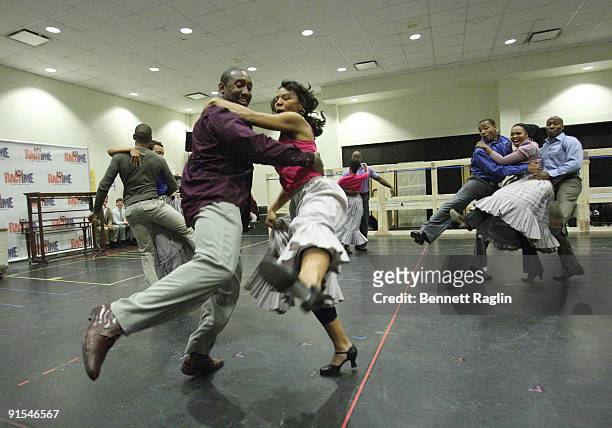 The cast of "Ragtime" perform during rehearsals for the Broadway revival of "Ragtime" at the Hilton Theatre Rehearsal Hall on October 7, 2009 in New...