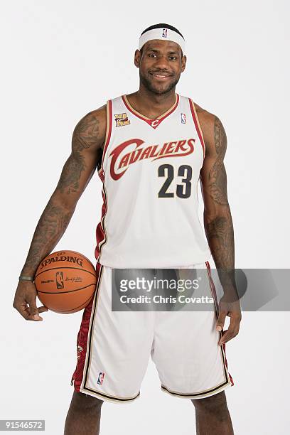 LeBron James of the Cleveland Cavaliers poses for a portrait during 2009 NBA Media Day on October 3, 2009 at the Cleveland Clinic Courts in...