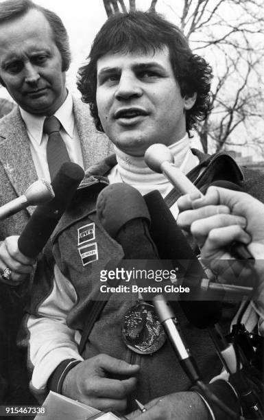 Mike Eruzione, captain of the USA Ice Hockey Team, answers questions after his team's victory over the Soviet Union in Washington D.C., Feb. 25, 1980.