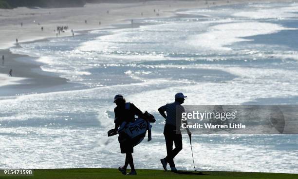 Competitor plays a practice round ahead of the AT&T Pebble Beach Pro-Am on the Pebble Beach Golf Links on February 7, 2018 in Pebble Beach,...
