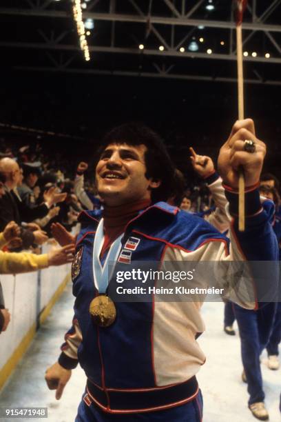 Winter Olympics: USA Mike Eruzione victorious wearing gold medal after winning Men's Final vs Finland at Olympic Fieldhouse in the Olympic Center....