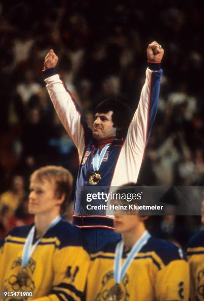 Winter Olympics: USA Mike Eruzione victorious on medal stand and wearing gold medal after winning Men's Final vs Finland at Olympic Fieldhouse in the...