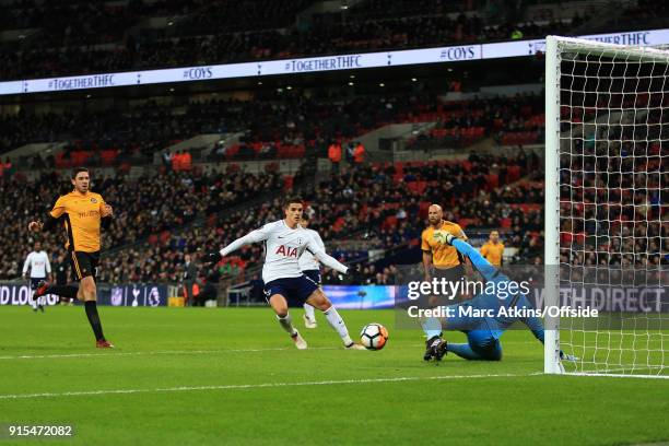 Dan Butler of Newport County scores an own goal during the FA Cup Fourth Round replay between Tottenham Hotspur and Newport County at Wembley Stadium...