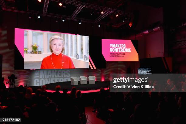 Hilary Clinton speaks live from New York during The 2018 MAKERS Conference at NeueHouse Hollywood on February 7, 2018 in Los Angeles, California.