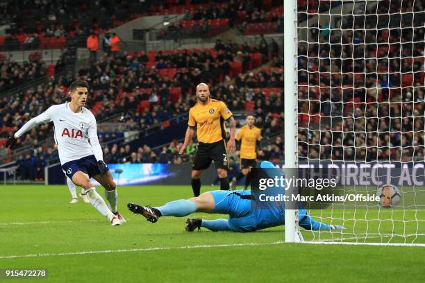 Dan Butler of Newport County scores an own goal during the FA Cup Fourth Round replay between Tottenham Hotspur and Newport County at Wembley Stadium...