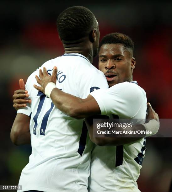 Moussa Sissoko and Serge Aurier of Tottenham Hotspur celebrate after the opening goal during the FA Cup Fourth Round replay between Tottenham Hotspur...
