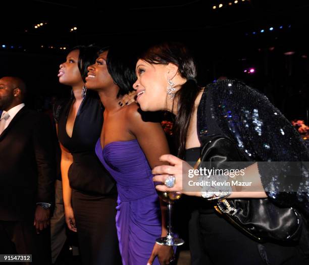 Jennifer Hudson, Fantasia and Faithe Evans watch Whitney Houston perform at the 2009 GRAMMY Salute To Industry Icons honoring Clive Davis at the...