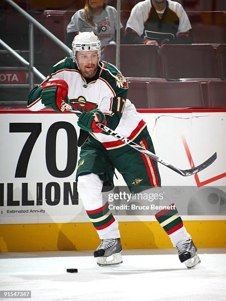 Petr Sykora of the Minnesota Wild skates during warm-up prior to the NHL preseason game against the Philadelphia Flyers at the Wachovia Center on...