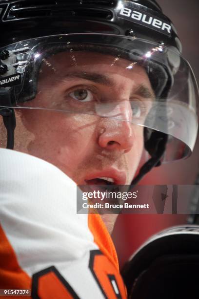 Mike Richards of the Philadelphia Flyers looks on from the bench area during NHL preseason game action against the Minnesota Wild at the Wachovia...