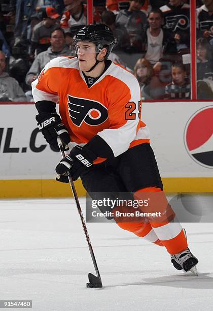 Matt Carle of the Philadelphia Flyers skates against the Minnesota Wild during the preseason NHL game at the Wachovia Center on September 29, 2009 in...