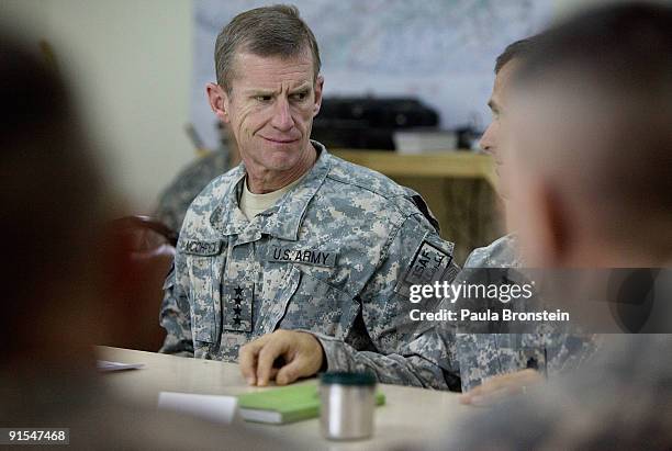 Commander General Stanley A. McChrystal meets with high ranking military personnel October 7, 2009 at the forward operating base Walton, outside of...