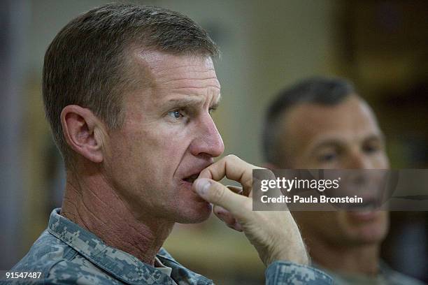 Commander General Stanley A. McChrystal meets with high ranking military personnel October 7, 2009 at the forward operating base Walton, outside of...