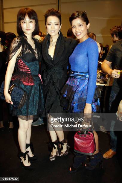 Rinko Kikuchi, Gong Li and Freida Pinto attends Louis Vuitton Pret a Porter show as part of the Paris Womenswear Fashion Week Spring/Summer 2010 at...