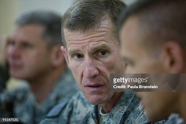 Commander General Stanley A. McChrystal meets with high ranking military personnel October 7, 2009 at the forward operating base Walton, outside of...