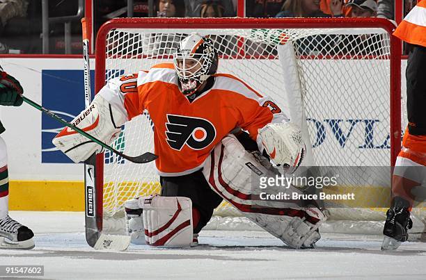 Goaltender Johan Backlund of the Philadelphia Flyers defends his net against the Minnesota Wild during the preseason NHL game at the Wachovia Center...
