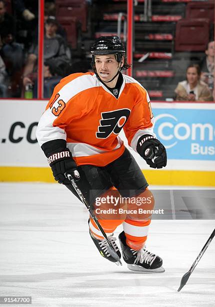 Daniel Carcillo of the Philadelphia Flyers skates against the Minnesota Wild during the preseason NHL game at the Wachovia Center on September 29,...