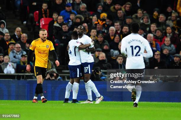 Tottenham Hotspur's Moussa Sissoko and Serge Aurier celebrates the opening goal, from Newport County's Dan Butler deflection during the The Emirates...