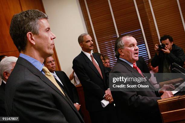 Attorney General Eric Holder and U.S. Secretary of Education Arne Duncan join Chicago Mayor Richard M. Daley for a press conference at City Hall to...