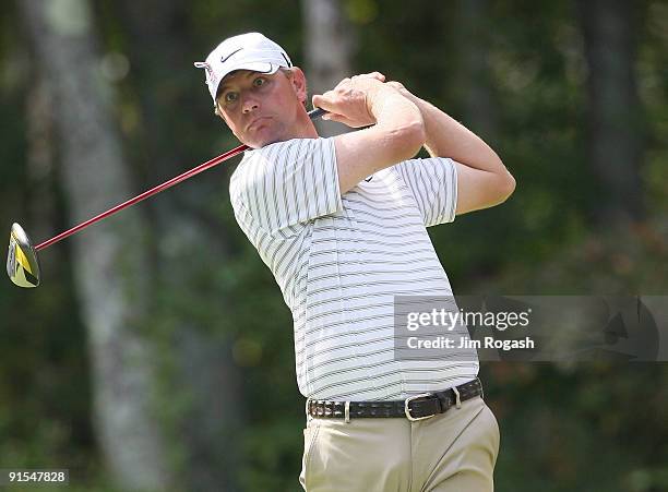 Lucas Glover hits a shot during the final round of the Deutsche Bank Championship held at TPC Boston on September 7, 2009 in Norton, Massachusetts.