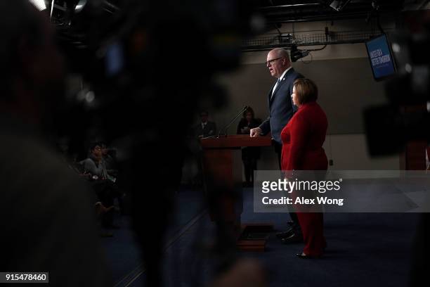 Rep. Joseph Crowley speaks as Rep. Linda Sanchez listens during the opening press conference for the 2018 House Democratic Issues Conference February...