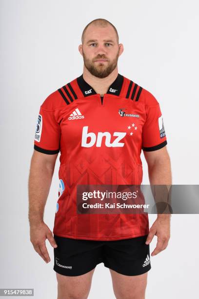 Owen Franks poses during the Crusaders Super Rugby headshots session on February 1, 2018 in Christchurch, New Zealand.