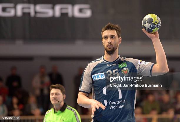 Marko Kopljar of Fuechse Berlin during the EHF-Cup game between Fuechse Berlin and Saint-Raphael VHB at MBS Arena on February 7, 2018 in Potsdam,...