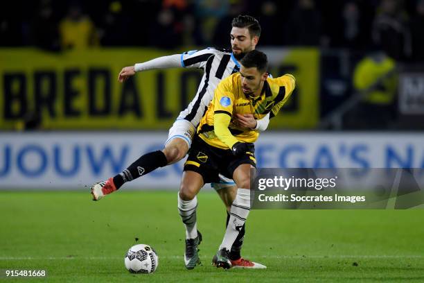 Robin Propper of Heracles Almelo, Mitchell te Vrede of NAC Breda during the Dutch Eredivisie match between NAC Breda v Heracles Almelo at the Rat...