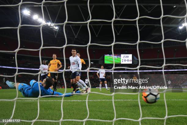 Dan Butler of Newport County scores an own goal during the FA Cup Fourth Round replay between Tottenham Hotspur and Newport County at Wembley Stadium...