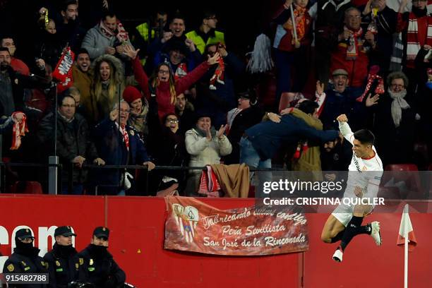 Sevilla's Argentinian midfielder Joaquin Correa celebrates after scoring a goal during the Spanish 'Copa del Rey' second leg semi-final football...