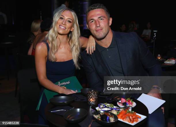 Phoebe Burgess poses alongside husband Sam Burgess after the David Jones Autumn Winter 2018 Collections Launch at Australian Technology Park on...