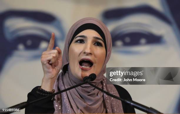 Immigration activist Linda Sarsour speaks during a National Day of Action for a Dream Act Now protest on February 7, 2018 in Washington D.C. A...