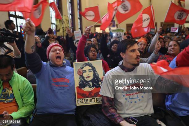 Immigration activists take part in a National Day of Action for a Dream Act Now protest on February 7, 2018 in Washington D.C. A coalition of...