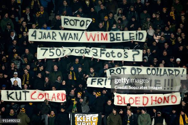 Banners of supporters of Roda JC during the Dutch Eredivisie match between Roda JC v Ajax at the Parkstad Limburg Stadium on February 7, 2018 in...