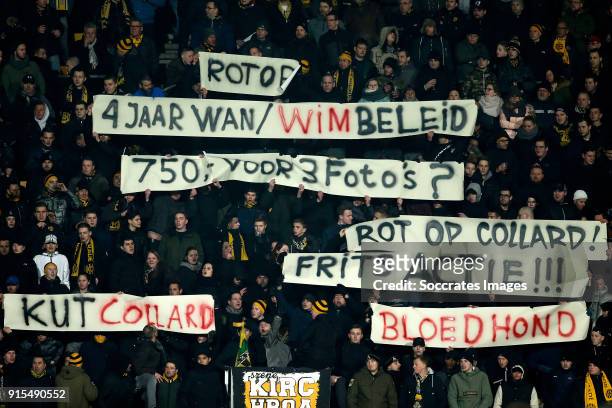 Banners of supporters of Roda JC during the Dutch Eredivisie match between Roda JC v Ajax at the Parkstad Limburg Stadium on February 7, 2018 in...