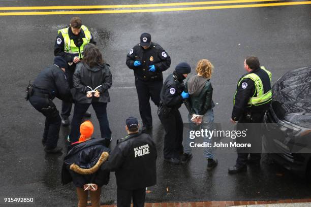 Police arrest immigration activists who conducted an act of civil disobediance in the rotunda of the Russell Senate Office Building on February 7,...