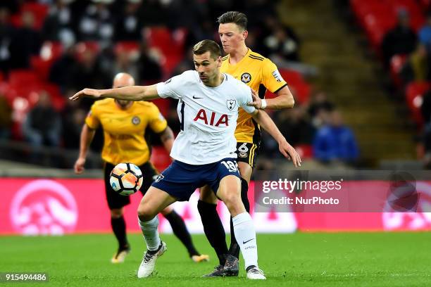 Tottenham Hotspur's Fernando Llorente under pressure from Ben White of Newport County during the FA Cup Fourth Round replay match between Tottenham...