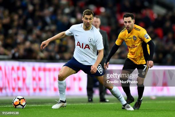 Tottenham Hotspur's Fernando Llorente in action watched by Robbie Willmott of Newport County during the FA Cup Fourth Round replay match between...