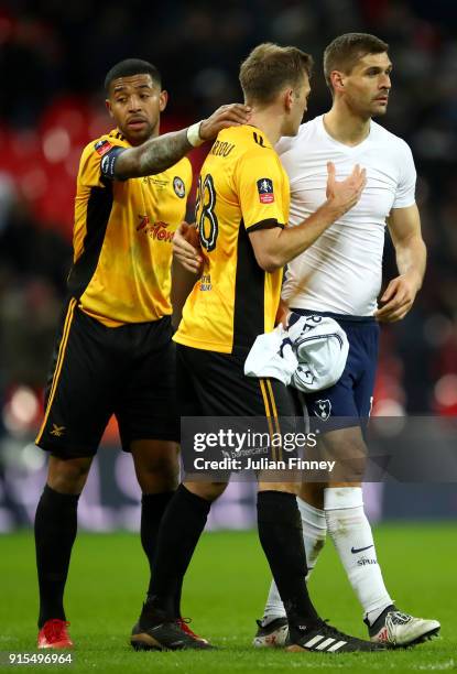 Jay Foulston of Newport County asks Fernando Llorente of Tottenham Hotspur for his shirt after The Emirates FA Cup Fourth Round Replay match between...