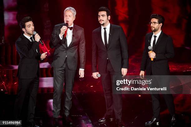 Claudio Baglioni and ll Volo attend the second night of the 68. Sanremo Music Festival on February 7, 2018 in Sanremo, Italy.