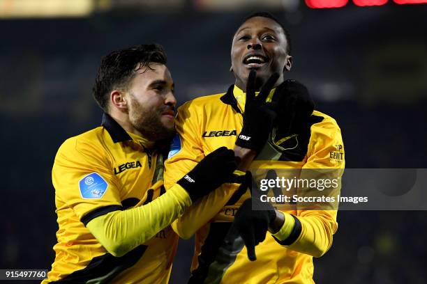 Umar Sadiq of NAC Breda celebrates 6-1 with Mounir El Allouchi of NAC Breda during the Dutch Eredivisie match between NAC Breda v Heracles Almelo at...