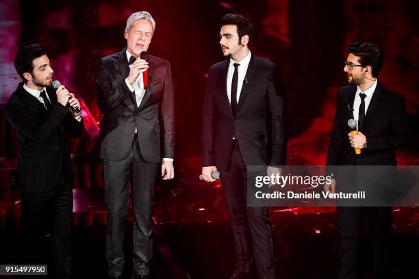 Claudio Baglioni and ll Volo attend the second night of the 68. Sanremo Music Festival on February 7, 2018 in Sanremo, Italy.