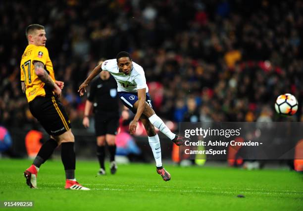 Tottenham Hotspur's Kyle Walker-Peters has a shot at goal during the The Emirates FA Cup Fourth Round Replay match between Tottenham Hotspur and...
