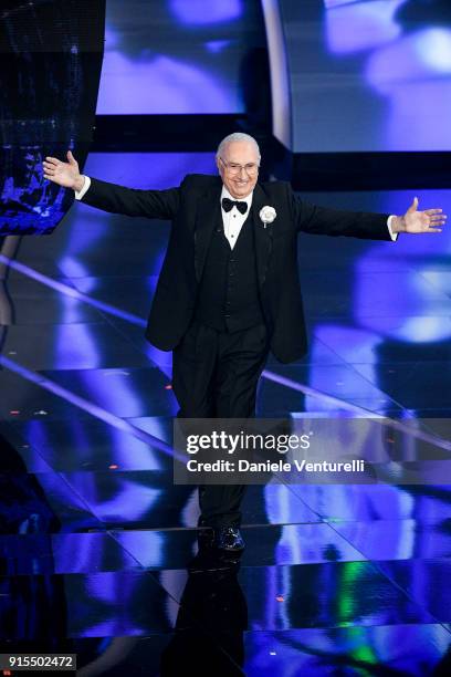 Pippo Baudo attends the second night of the 68. Sanremo Music Festival on February 7, 2018 in Sanremo, Italy.