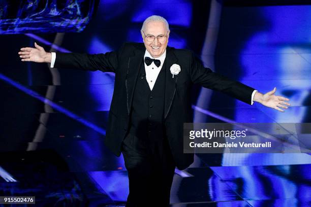 Pippo Baudo attends the second night of the 68. Sanremo Music Festival on February 7, 2018 in Sanremo, Italy.