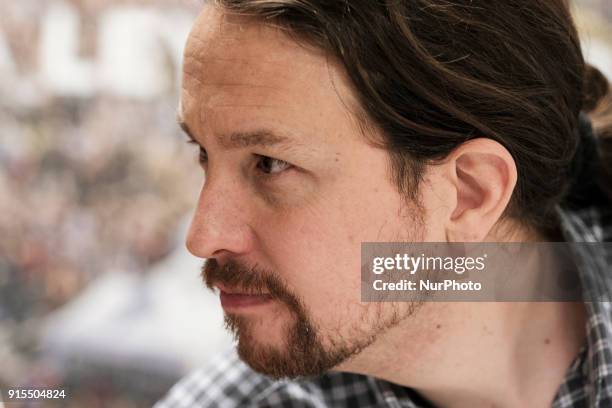 Pablo Iglesias leaders of the political party of Podemos, during a press conference about a more just electoral law offended in Madrid. Spain....