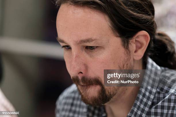 Pablo Iglesias leaders of the political party of Podemos, during a press conference about a more just electoral law offended in Madrid. Spain....